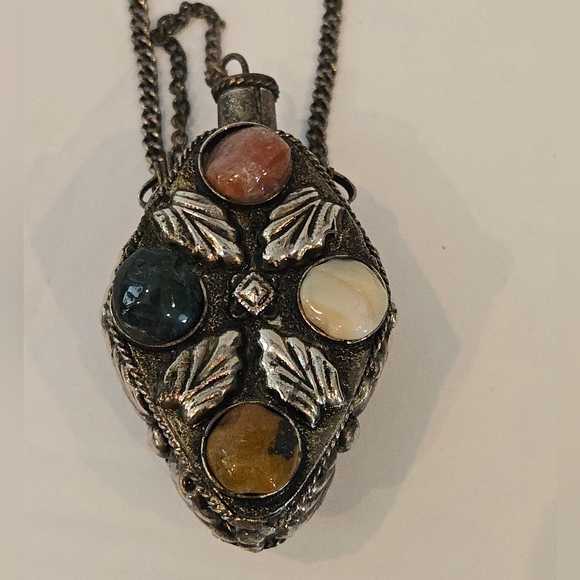 Antique Jewelry - Vintage Snuff Necklace Bottle W/ Spoon Stones On Chain Perfume Unique